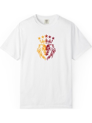 Young Fit Aslan Baskılı Pamuklu Beyaz Unisex Oversize Tişört