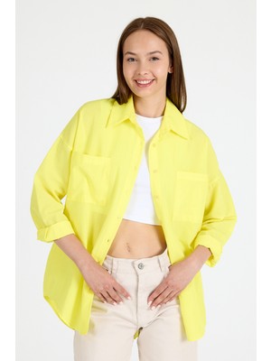 Sarı Çift Cepli Oversize Uzun Basic Gömlek Tcr 6256A
