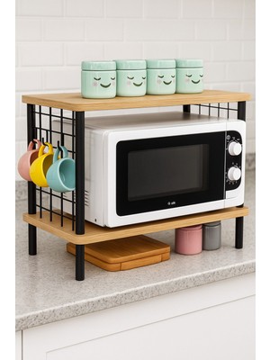 Peka Yüksek Kalite Mutfak Rafı Mikrodalga Rafı Tezgah Üstü Raf Baharatlık 2 Raflı  Düzenleyici Kancalı