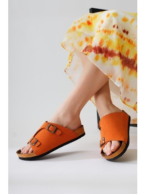 Christella Turuncu Süet Çift Toka Detaylı Terlik