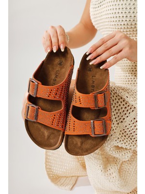 Aire Turuncu Çift Bantlı Taş Detaylı Terlik