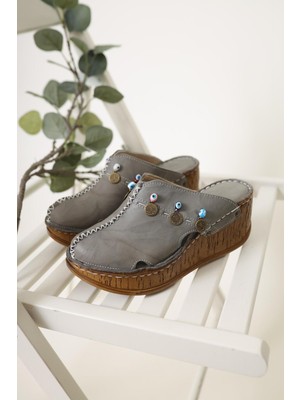 Hakiki Deri Annika Gri Antik Detaylı Dolgu Sabo Terlik