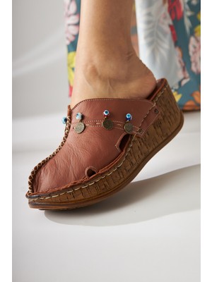 Hakiki Deri Annika Lila Antik Detaylı Dolgu Sabo Terlik