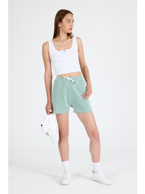 Yeşil Beli Lastikli Çizgili Dokuma Şort 4094