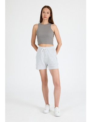 Gri Beli Lastikli Çizgili Dokuma Şort 4094