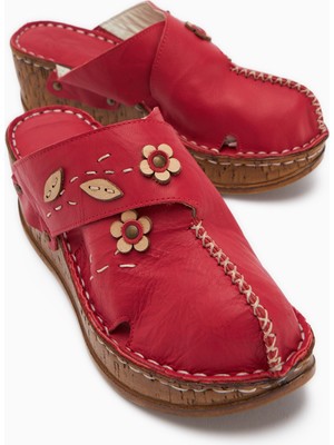 Hakiki Deri Alto Kırmızı Dolgu Terlik Eskitme Tabanlı Comfort Terlik