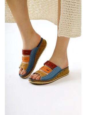 Hakiki Deri Joelle Mavi Comfort Lazer Kesim Terlik