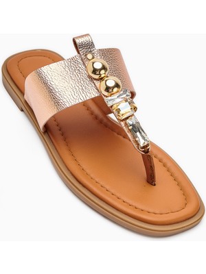 Hakiki Deri Petya Taba Taşlı Parmak Arası Kadın Terlik