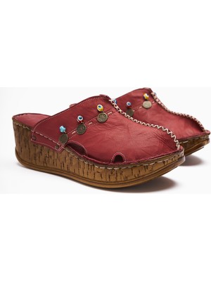 Hakiki Deri Annika Bordo Antik Detaylı Dolgu Sabo Terlik