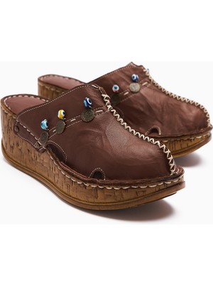 Hakiki Deri Annika Toprak Antik Detaylı Dolgu Sabo Terlik