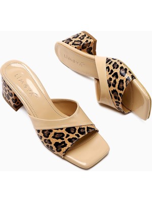 Morena Bej Rugan Leopar Detaylı Kısa Topuklu Kadın Terlik
