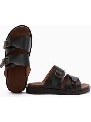 Soha Siyah Çift Bantlı Düz Taban Kadın Terlik