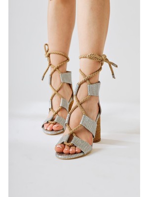 Limoya Britty Gümüş Kroko Rugan Kalın Bantlı Halat Bağlamalı Topuklu Sandalet