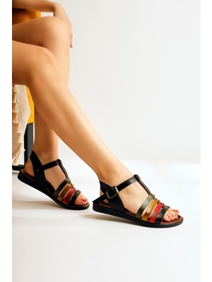 Hakiki Deri Akira Siyah Dört Bantlı Sandalet