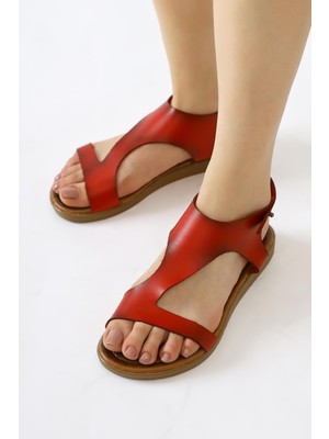 Hakiki Deri Coral Kırmızı Asimetrik Kesim Sandalet