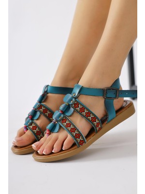Hakiki Deri Heam Turkuaz Etnik Desenli Sandalet