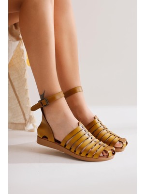 Hakiki Deri Helen Hardal Parmakları Kapatan Bodrum Sandaleti