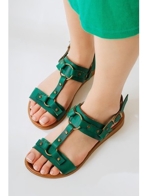 Hakiki Deri Jaime Yeşil Sandalet