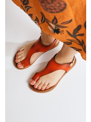 Hakiki Deri Laili Turuncu Parmak Arası Sandalet