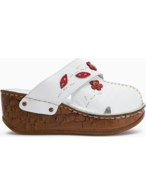 Hakiki Deri Alto Beyaz Dolgu Terlik Eskitme Tabanlı Comfort Terlik