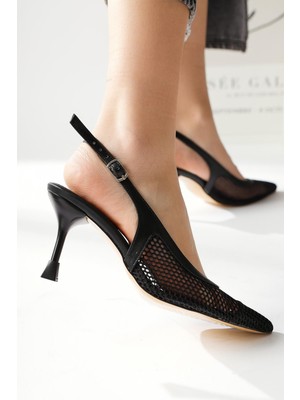 Giovana Siyah Sivri Burunlu Fileli Topuklu Sandalet
