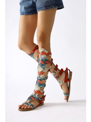 Hakiki Deri Lilith Kırmızı-Renkli Yılan Derisi Desenli Diz Altı Gladyatör Sandalet