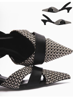Hina Siyah Örgü Detaylı Kısa Topuklu Kadın Sandalet