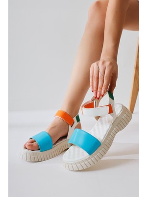 Jeny Mavi Kalın Bantlı Cırtcırtlı Rahat Tabanlı Sandalet