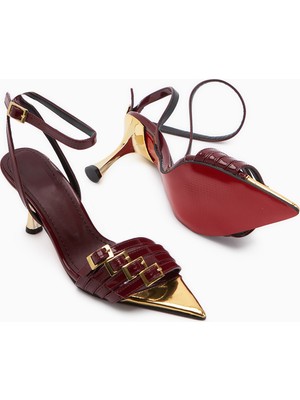 Helna Bordo Altın Tokalı Ince Topuklu Bilekten Bağlamalı Kadın Sandalet