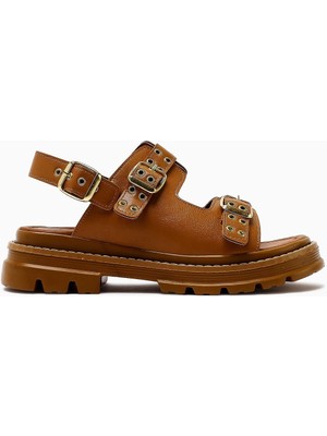 Julija Taba Çift Bantlı Zımba Detaylı Kalın Tabanlı Kadın Sandalet