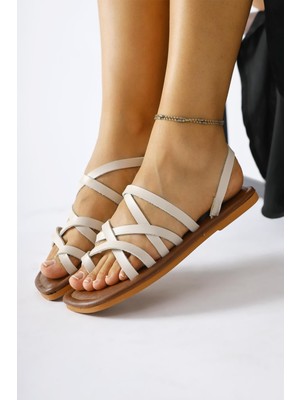 Limoya Hakiki Deri Lucile Krem Çapraz Ince Bantlı Sandalet