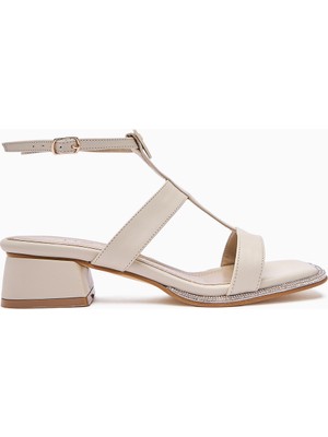 Shara Bej Taş Detaylı Kısa Topuklu Kadın Sandalet