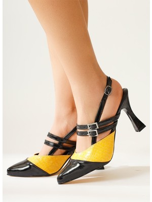 Tisha Siyah Sarı Kroko Detaylı Çift Tokalı Sivri Burunlu Topuklu Sandalet