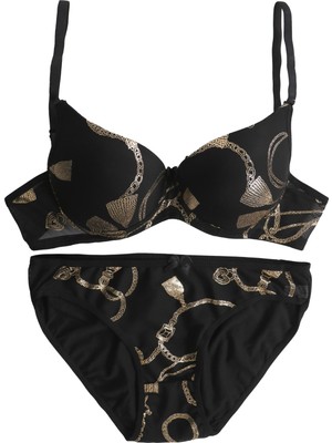 Derya Kurşun Kadın Sütyen Külot Takımı Siyah Sarı Yaldızlı