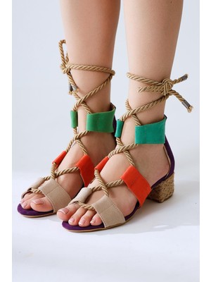 Unity Vizon Süet Kalın Bantlı Halat Bağlamalı Topuklu Sandalet