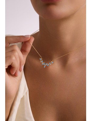 925 Ayar Gümüş Gold Kaplama Aquamarin Mekik Taşlı Zarif Sarmaşık Kolye