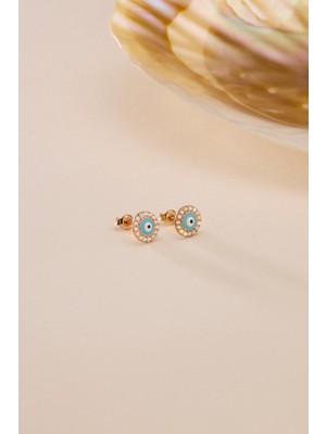 925 Ayar Gümüş Turkuaz Mineli Minik Nazar Küpe