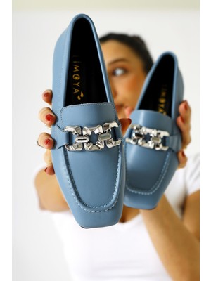 Asmin Hakiki Deri Mavi Toka Detalı Küt Burunlu Günlük Kadın Ayakkabı