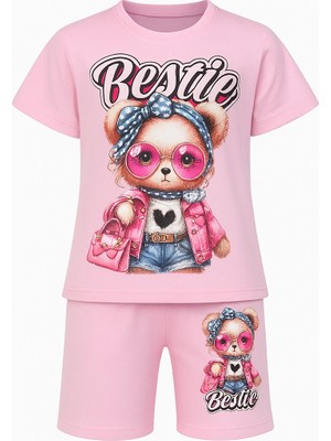 Lolli Boom Kids Bestie Siyah ve Pembe Renk Kız Çocuk Takım - Ayıcık Baskılı Tişört & Şort 2'li Set