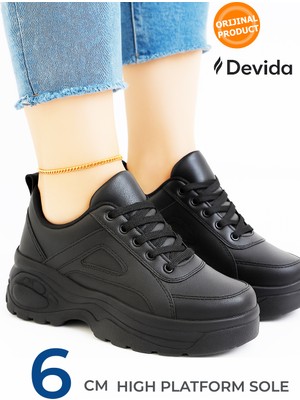 Devida Kadın Siyah Spor Ayakkabı 6 Cm Yüksek Rahat Air Taban Günlük Sneaker X401