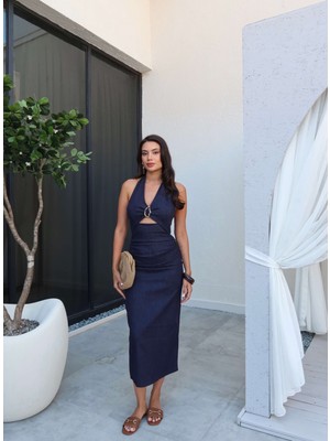 Boyundan Bağlı Göğüs Detay Denim Elbise
