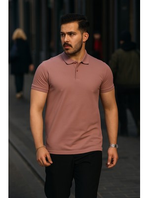 Erkek Pamuklu Basic Pembe Polo Yaka Tişört