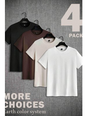 Erkek 4'lü Paket Siyah-Kahverengi-Beyaz-Taş Slim Fit Dar Kesim %100 Pamuk Bisiklet Yaka Tişört