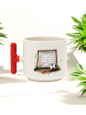 Futbol Kalesi Tasarımlı Kırmızı T Kulplu Seramik Baskılı Kupa Bardak 250 ml