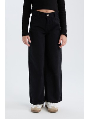 DeFacto Kız Çocuk Wide Leg Geniş Bol Paça Pamuklu Cepli Siyah Pantolon C8777A824AU