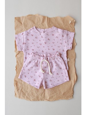 Pembe Çiçek Baskılı Waffle Şort Takım