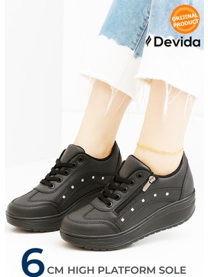 Devida Kadın Siyah Spor Ayakkabı 6 Cm Yüksek Rahat Taban Sneaker X300