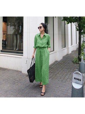 Bağcık Detaylı Keten Uzun Kollu Elbise