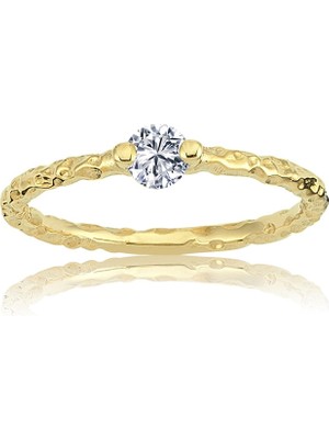 Fasek Gold Gümüş Yüzük - Helen Otantik 0.25 Karat Swarovski Tektaş Yüzük-Eskitme 925 Ayar Hediyelik Gümüş Yüzük