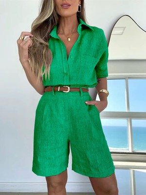 Keten Şort Gömlek Ikili Takım